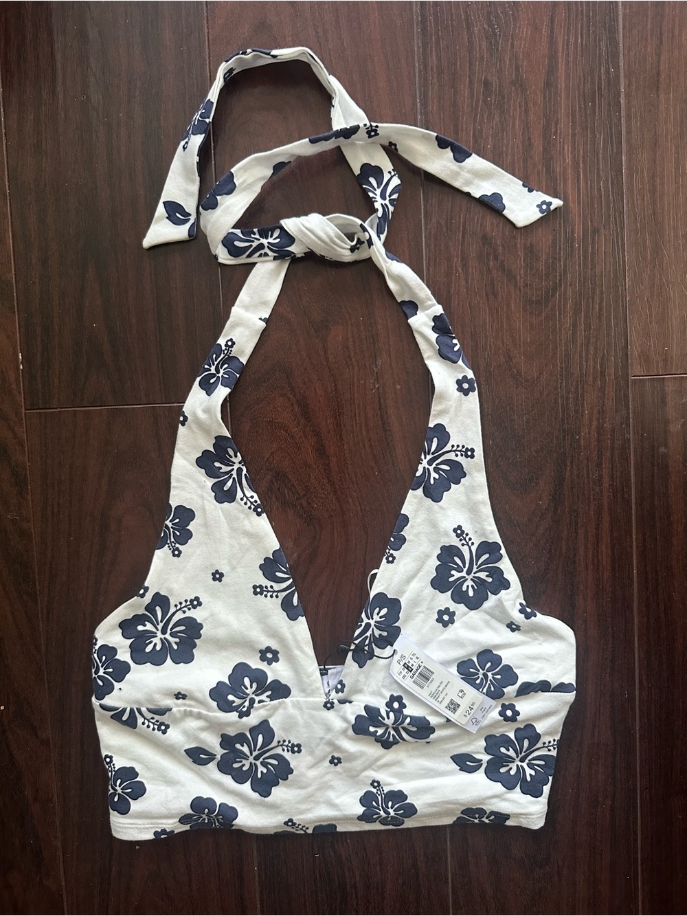 Garage White Halter Top with Navy Floral Print